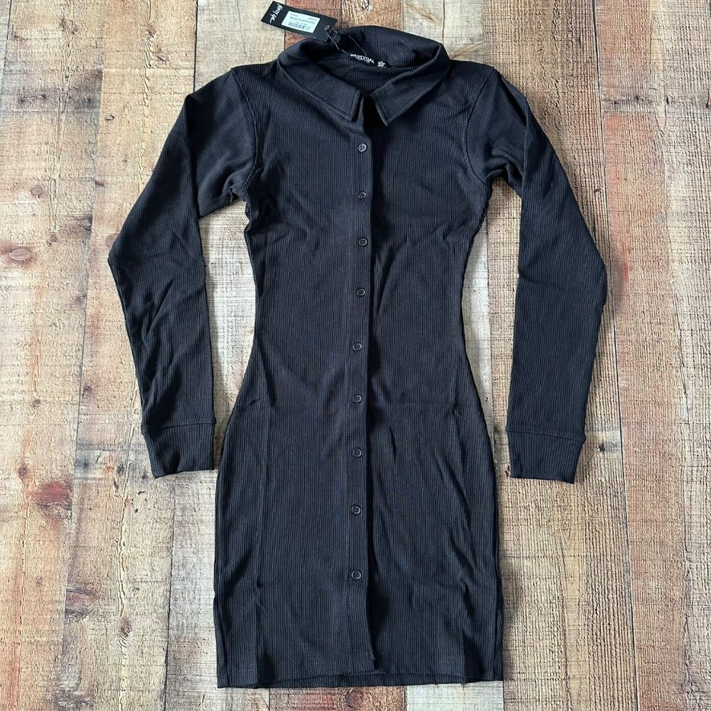 Nasty Gal Collared Wrap Wrap Side Rib Knit Mini Shirt Dress Long Sleeve black -8